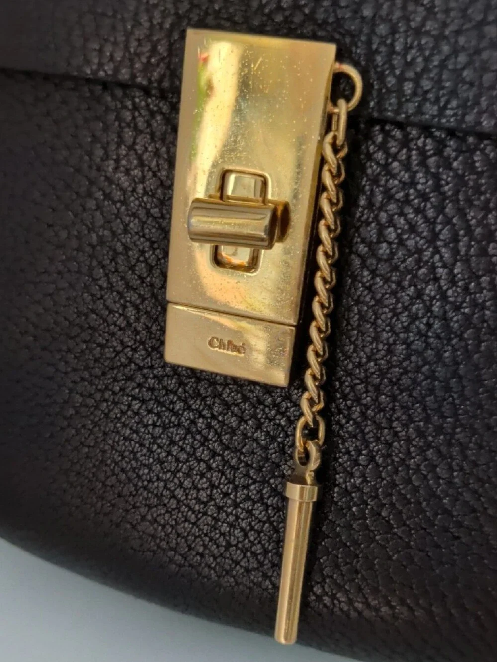 Chloe Drew Black Pebbled Leather Crossbody Bag with Gold Hardware